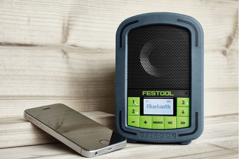 Compact Festool Bluetooth jobsite radio with digital screen and green control panel for tools and home improvement tasks