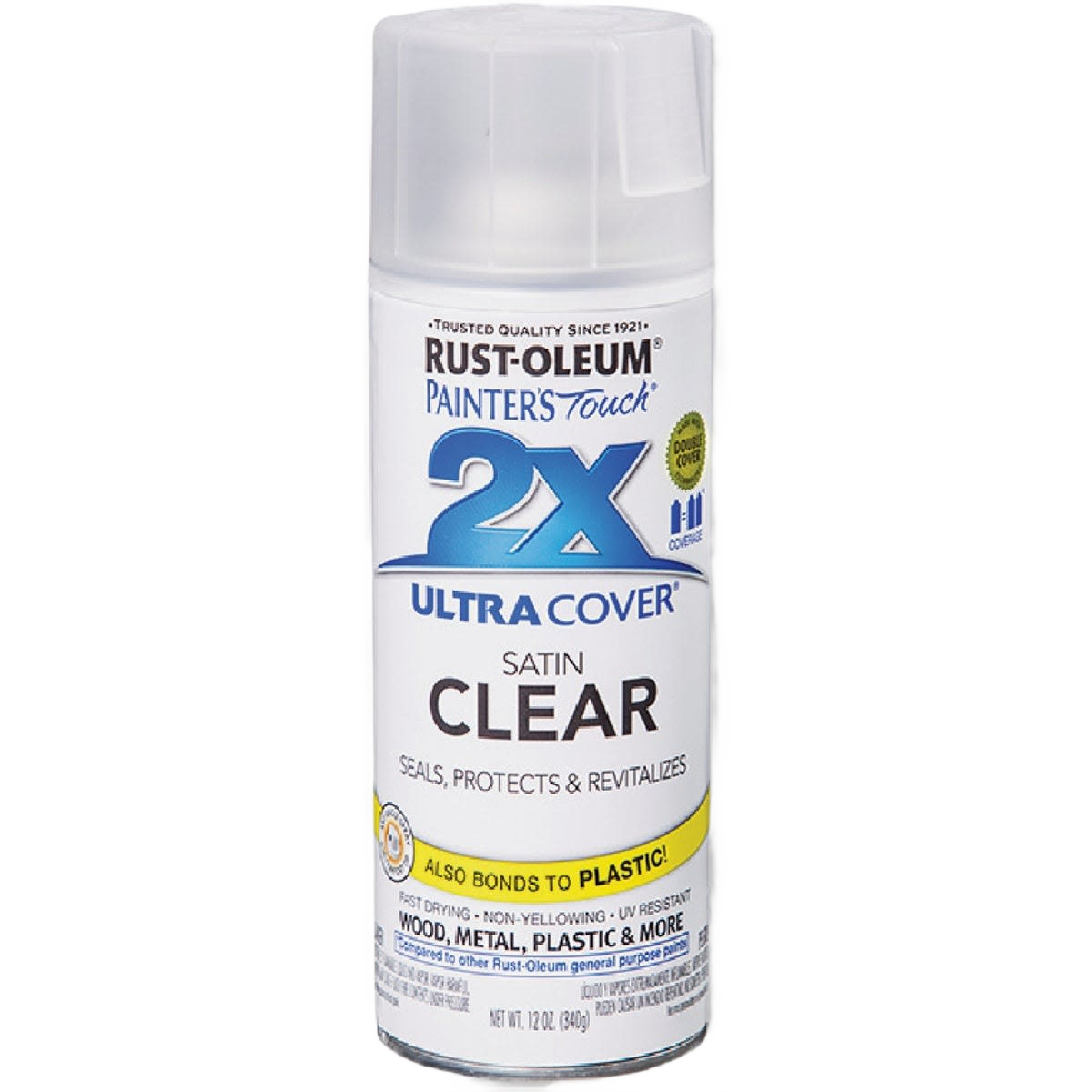 Spray paint can of clear satin finish with protective sealant for wood, metal, plastic in home improvement projects