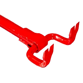 Red curved pry bar with dual claw ends and rocker design for gentle deck board removal, part of Hand Tools, Wrecking & Pry Bars, and Rental Equipment at Hartville Hardware.