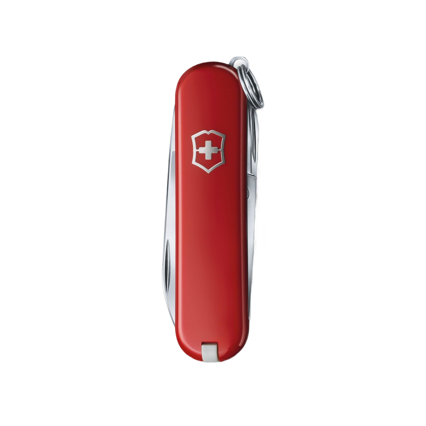 Red compact multi-tool with key ring and stainless steel blades for cutting and everyday hand tool use