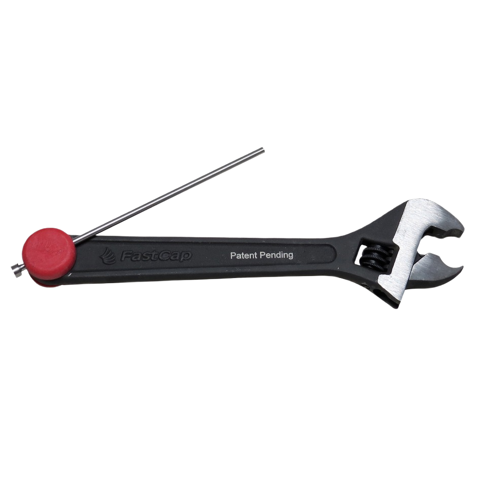 Adjustable black-handled wrench with red knob and metal rod for door adjustments in home improvement tools