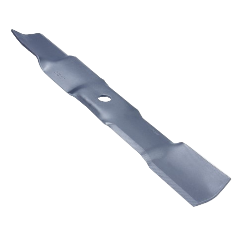Steel mower blade with central mounting hole and sharpened edges for lawn mower replacement and home improvement tasks