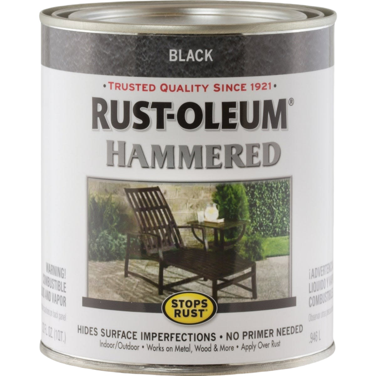 Quart of black hammered finish paint that protects against rust and hides surface flaws for home improvement.