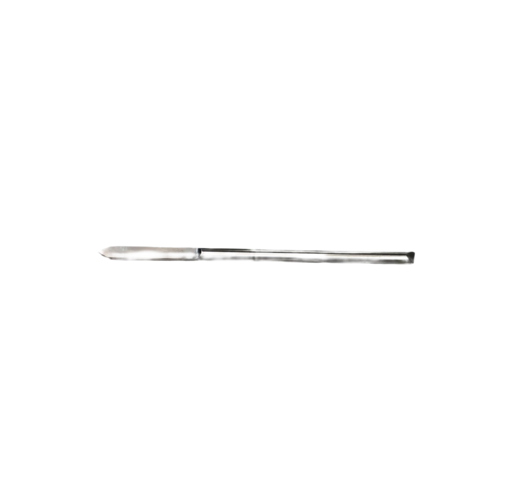 Double-ended metal woodturning tool with a parting blade and round skew for precise woodworking tasks.