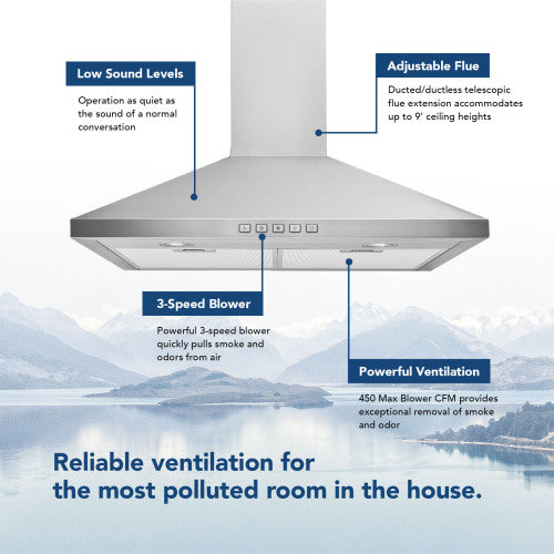 Stainless steel pyramid range hood with adjustable flue, quiet 3-speed blower, and powerful 450 CFM ventilation for kitchens.