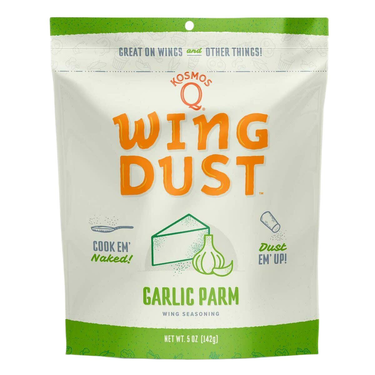 Kosmos Q wing seasoning pouch featuring garlic parm flavor with green and orange text on white background