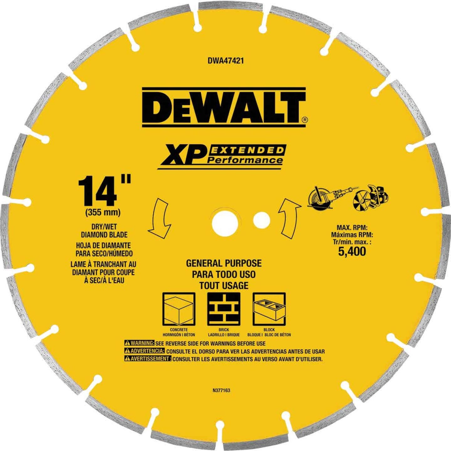 Yellow segmented rim diamond blade for dry and wet cutting masonry in tool and woodworking accessory collections