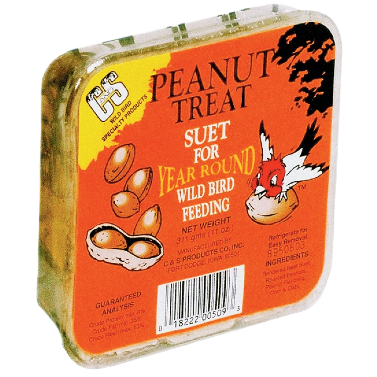 Square block of peanut suet for year-round wild bird feeding in clear plastic packaging with orange label design