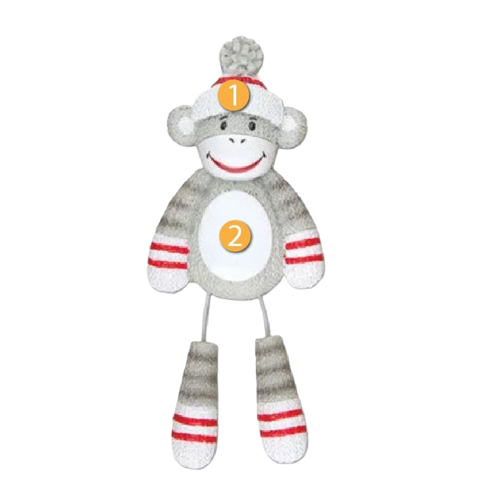 Gray and white striped sock monkey ornament wearing a winter hat with red accents for Christmas tree decorations