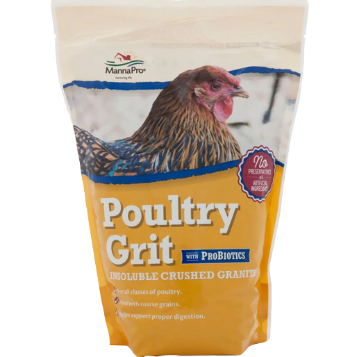 Bag of Manna Pro Poultry Grit with probiotics featuring insoluble crushed granite for bird digestion support