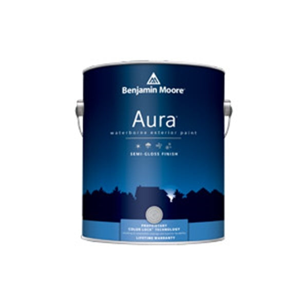 One gallon can of Benjamin Moore Aura white semi-gloss exterior paint for walls and doors collections