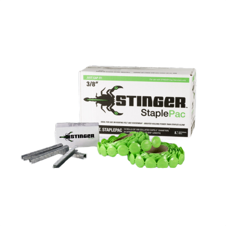 Box of 3/8 inch cap staples with green plastic caps and metal staples, hardware fasteners for home improvement tools
