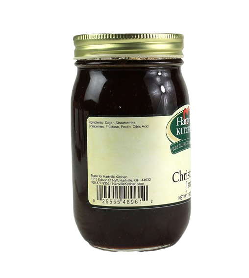 Back view of Hartville Kitchen Christmas Jam jar with ingredients list from Jams & Jellies and Food & Beverage collections