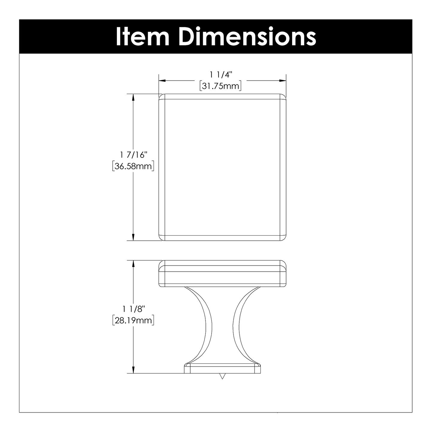 Technical drawing showing detailed dimensions of a brushed golden brass cabinet knob for hardware and furniture accessories.