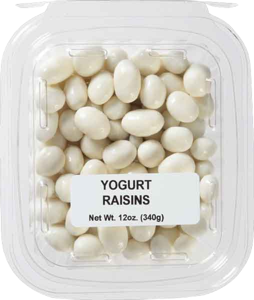 Clear plastic container filled with creamy white yogurt covered raisins snack in food and beverage collection