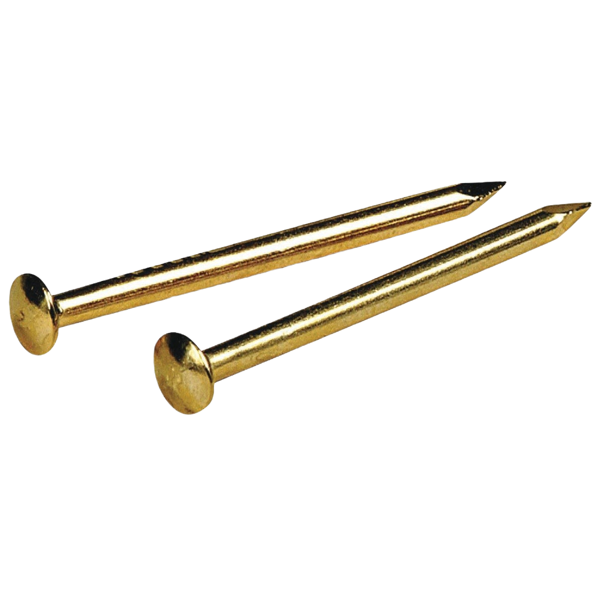 Two brass-plated steel escutcheon pins with domed heads for decorative fastener use in home improvement projects