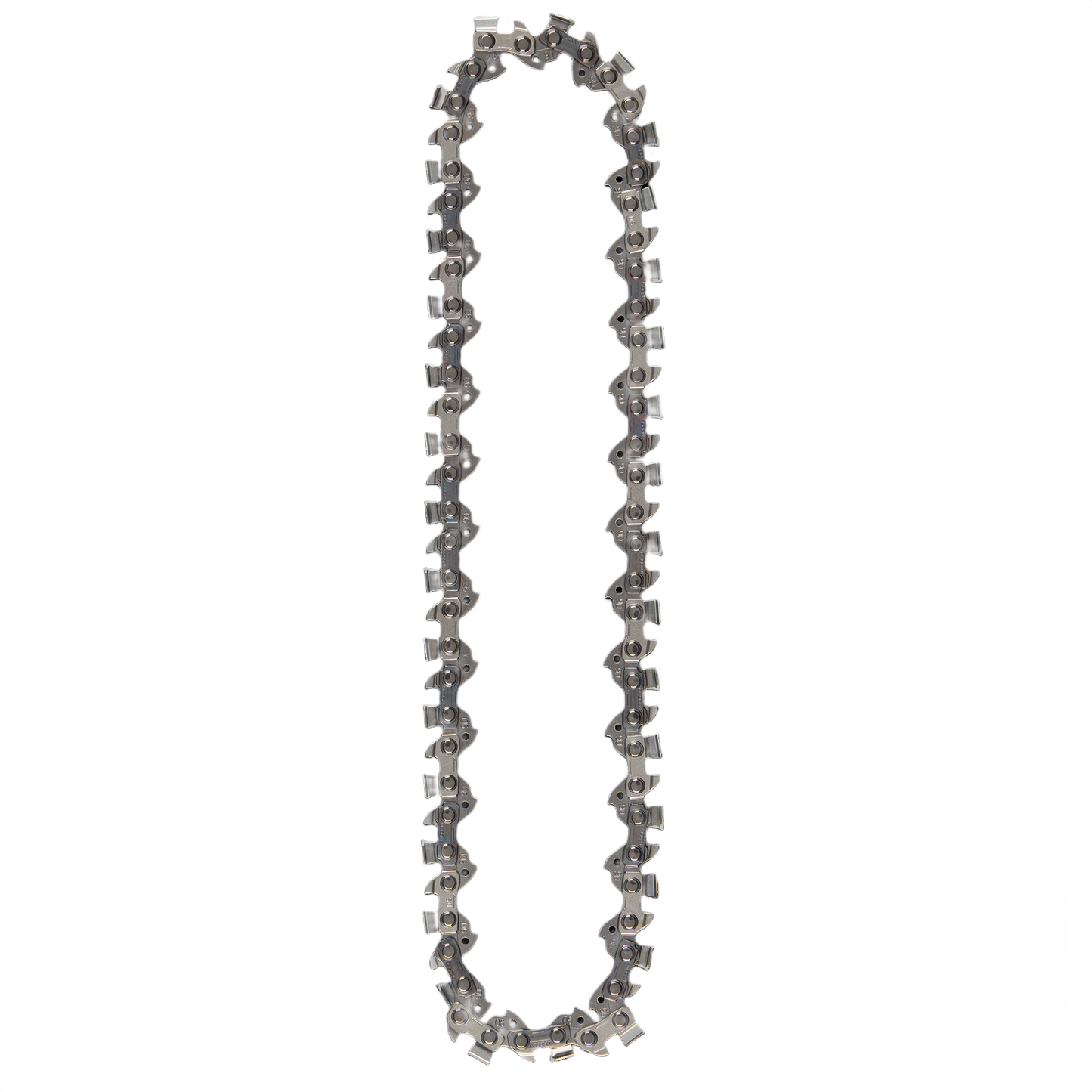 Silver pruning saw chain designed for replacement use in outdoor tools and home improvement projects