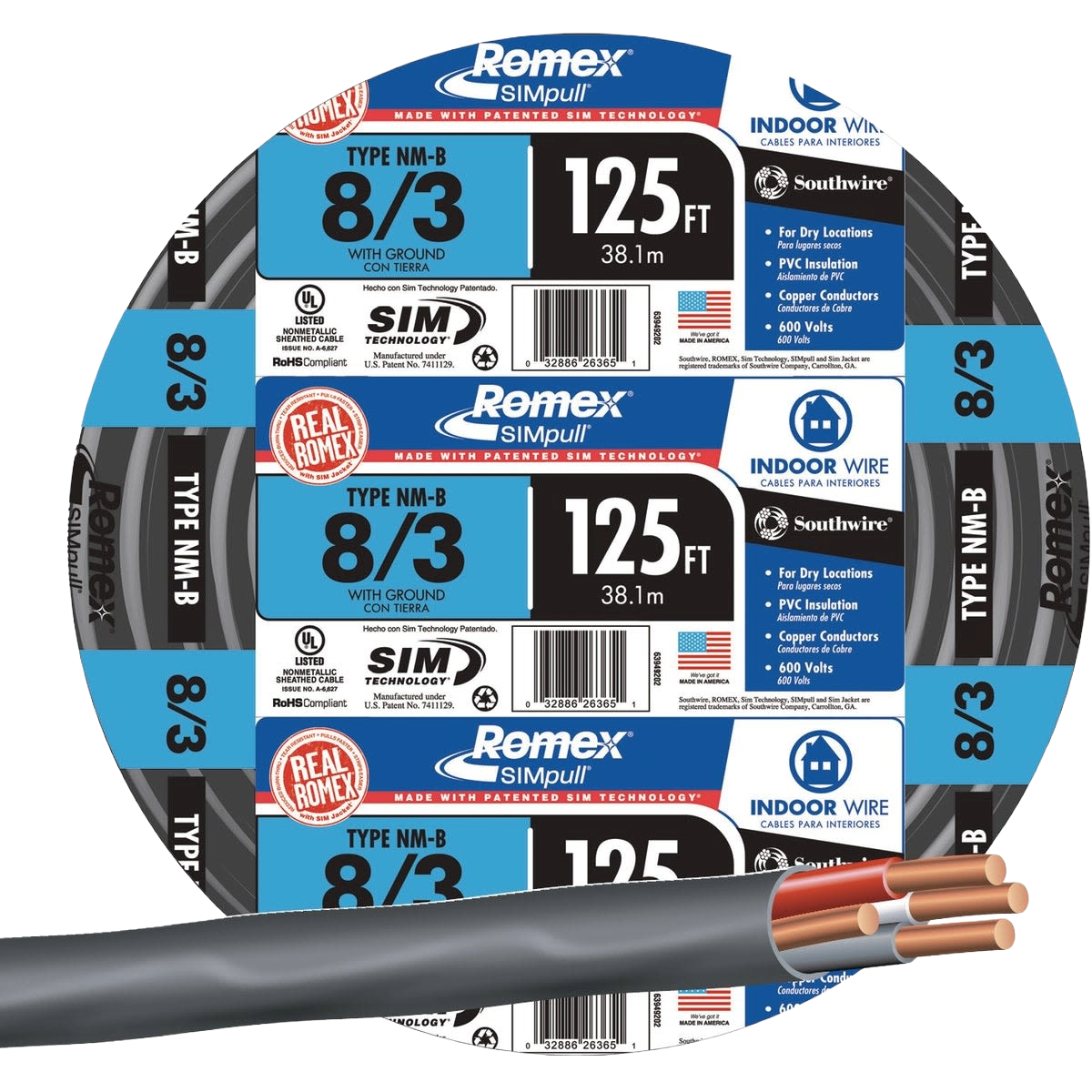 Romex 125 ft. Stranded Black 8-3 NMW/G Wire