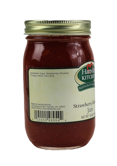 18 oz jar of strawberry rhubarb jam with label showing ingredients and nutritional details in jams and jellies collection