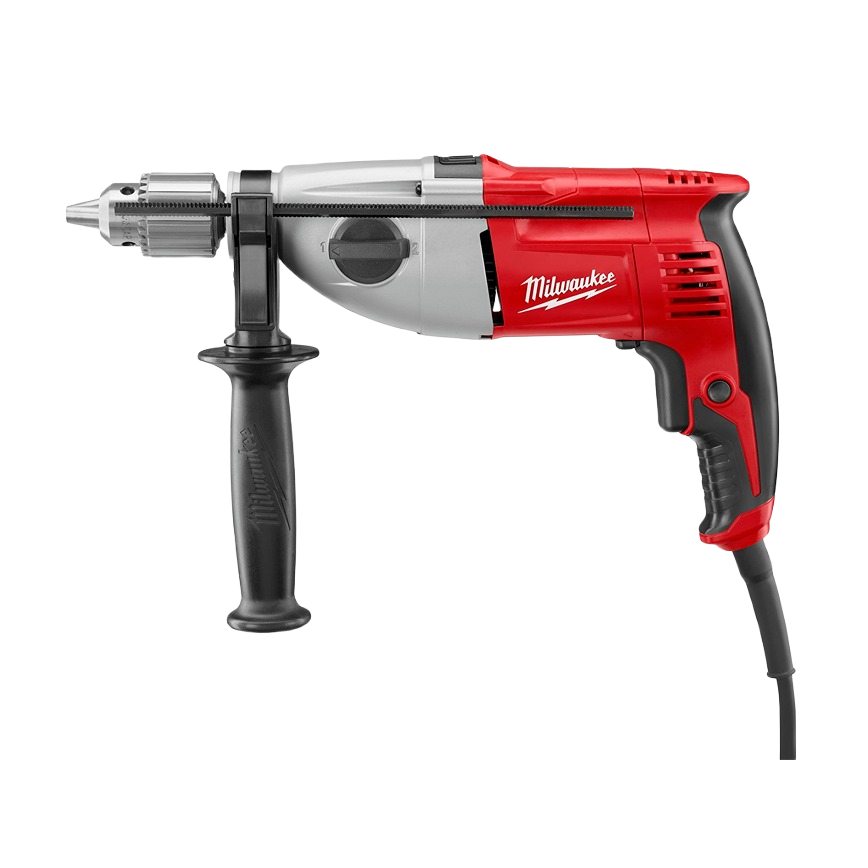 Side view of Milwaukee half-inch dual torque hammer drill with red and gray body and black ergonomic handle, part of power tools rental at Hartville Hardware for home improvement projects.