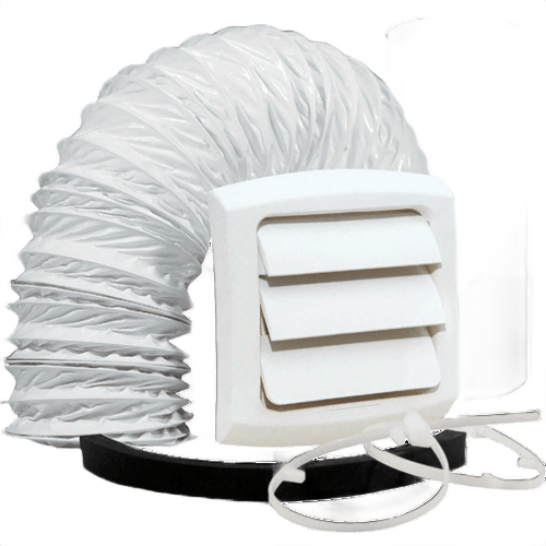 White exhaust wall vent kit with flexible duct, mounting screws, and round duct connector for home appliance parts