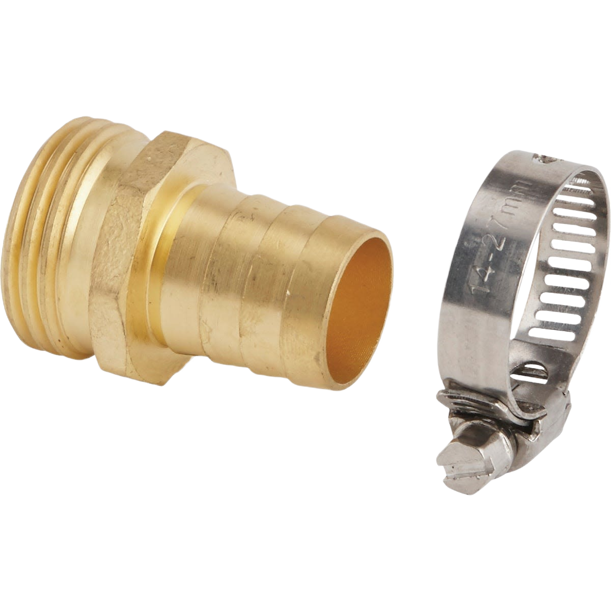 Brass hose end repair coupling and adjustable metal hose clamp for garden and home improvement use