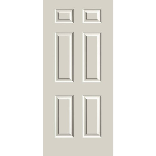 Six-panel steel entry door in neutral tone designed for durable home improvement and entryway use