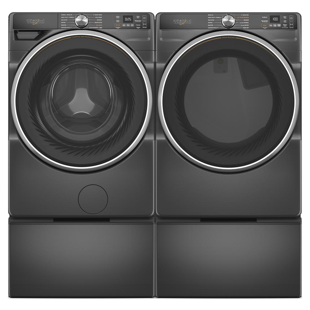 Dark gray front load washer and dryer set elevated on matching storage pedestals in laundry appliance parts collection