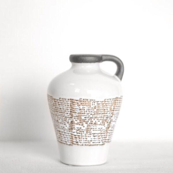White ceramic vase with textured brown pattern and black handle for home and garden decor use