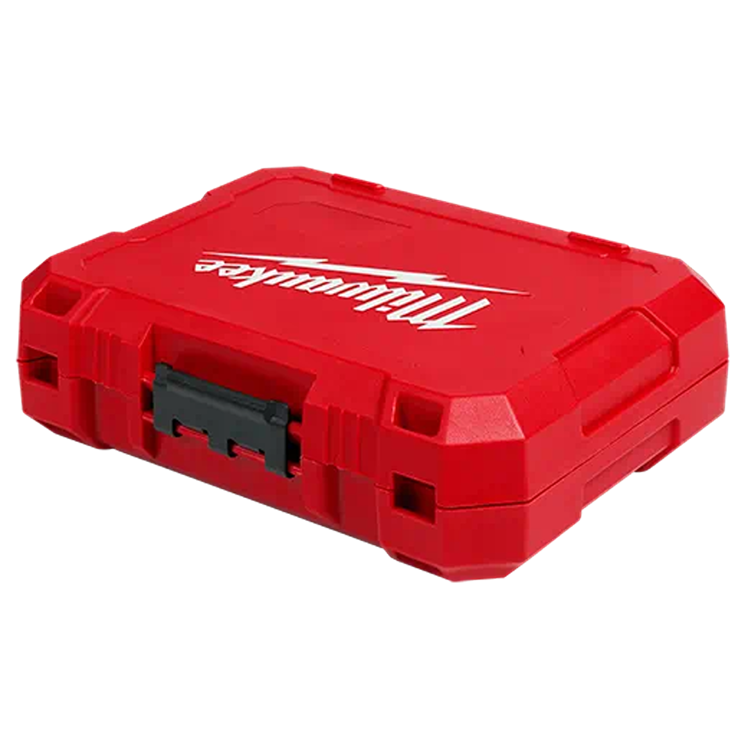 Red durable storage case with secure latch for organizing impact driver accessories in tool storage systems