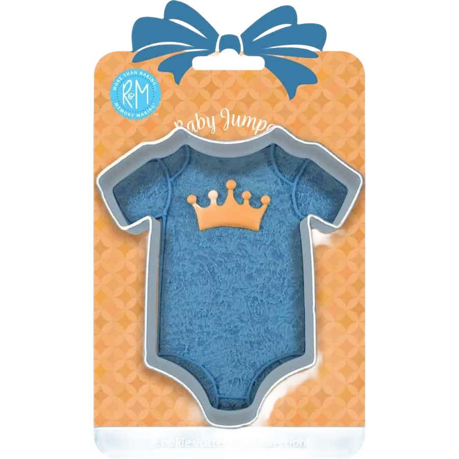 Metal cookie cutter shaped like a baby jumper gift-themed for baking and home projects, measuring 4 inches