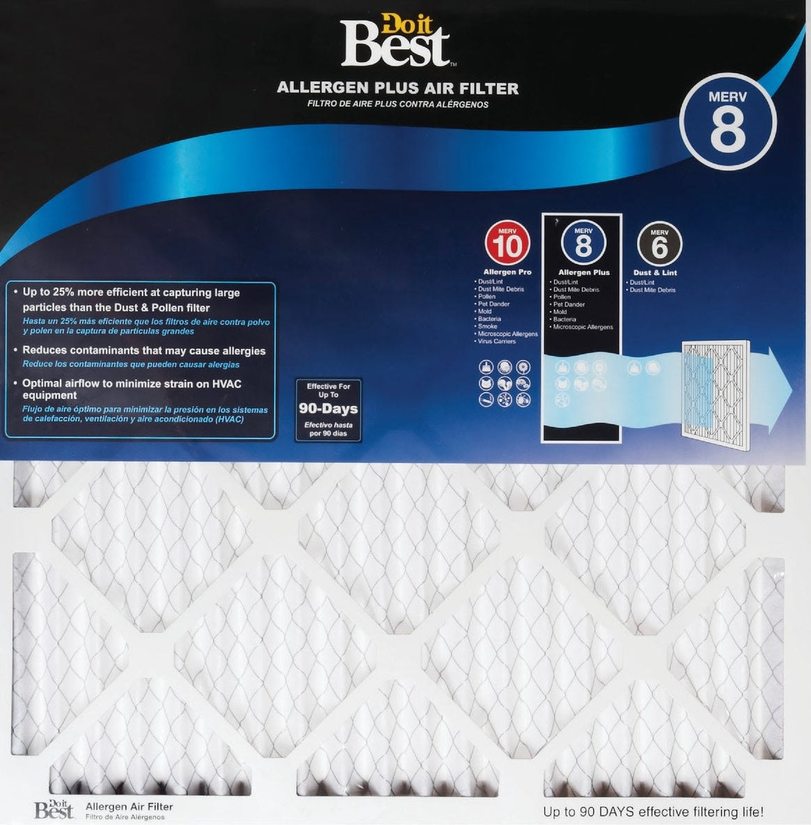 Blue and white allergen air filter with MERV 8 rating for HVAC systems, under heating and cooling air management tools