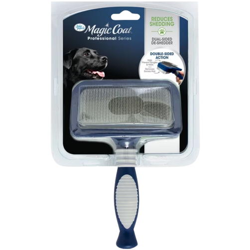 Dual-sided de-shedder brush with ergonomic handle for pet grooming and hair removal in tools and home improvement use