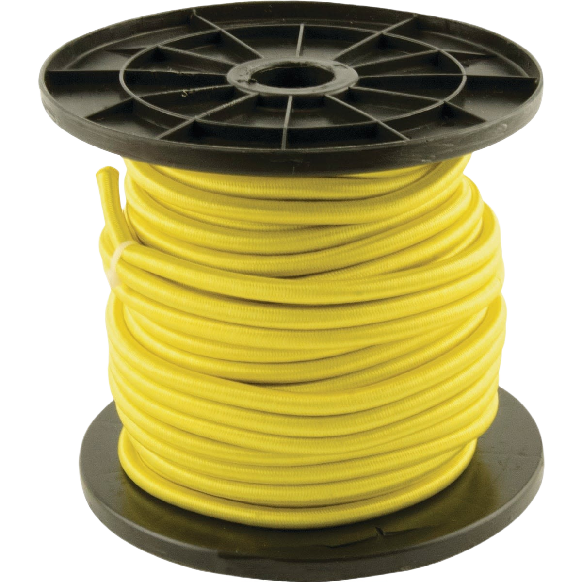 Yellow elastic cord tightly wound on large black plastic spool for versatile use in tools and home improvement projects