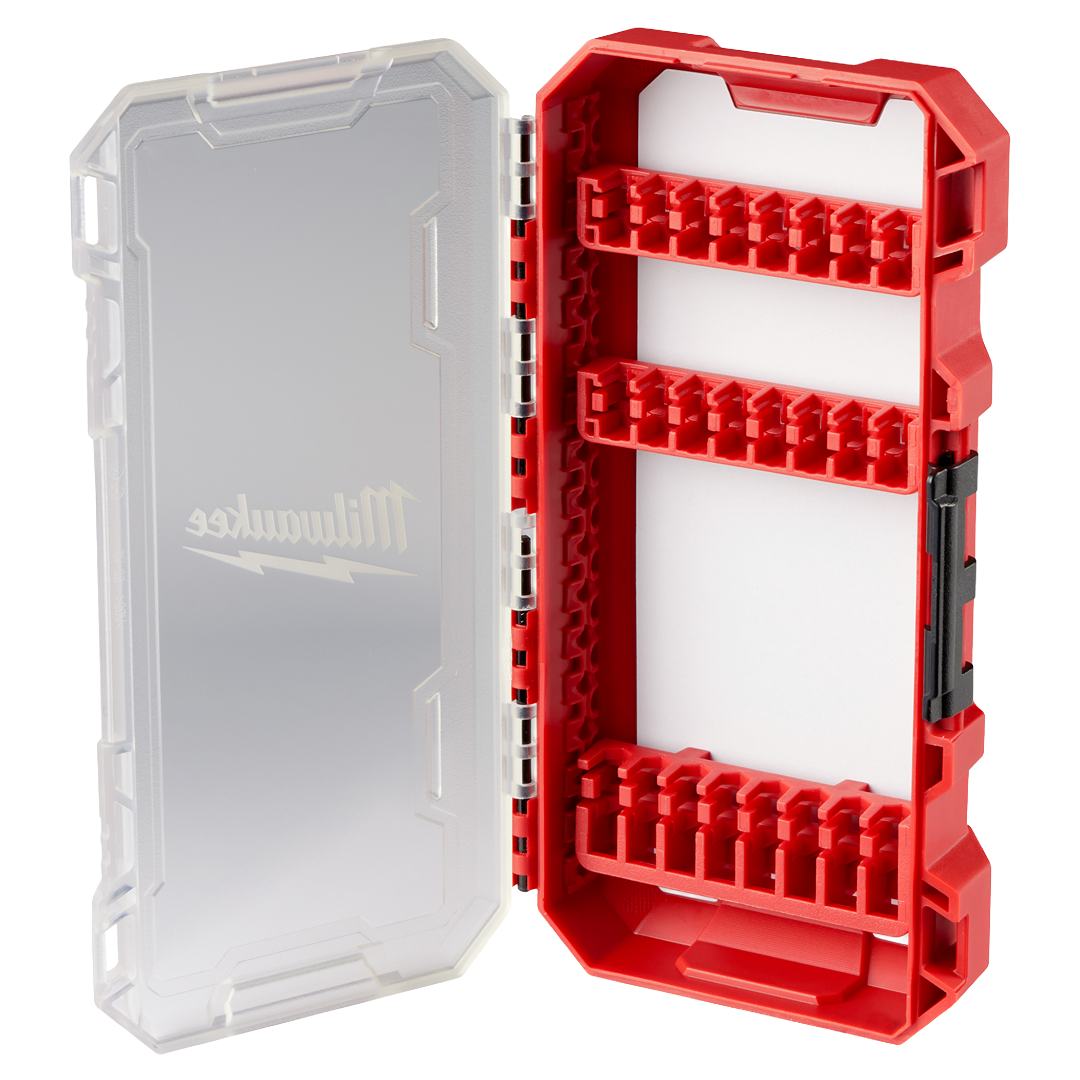 Compact red and clear plastic storage case with adjustable rows for impact driver accessories in tool storage category