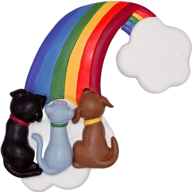 Colorful rainbow ornament with three seated pets on white clouds, part of Christmas Ornaments & Tree Decorations collection