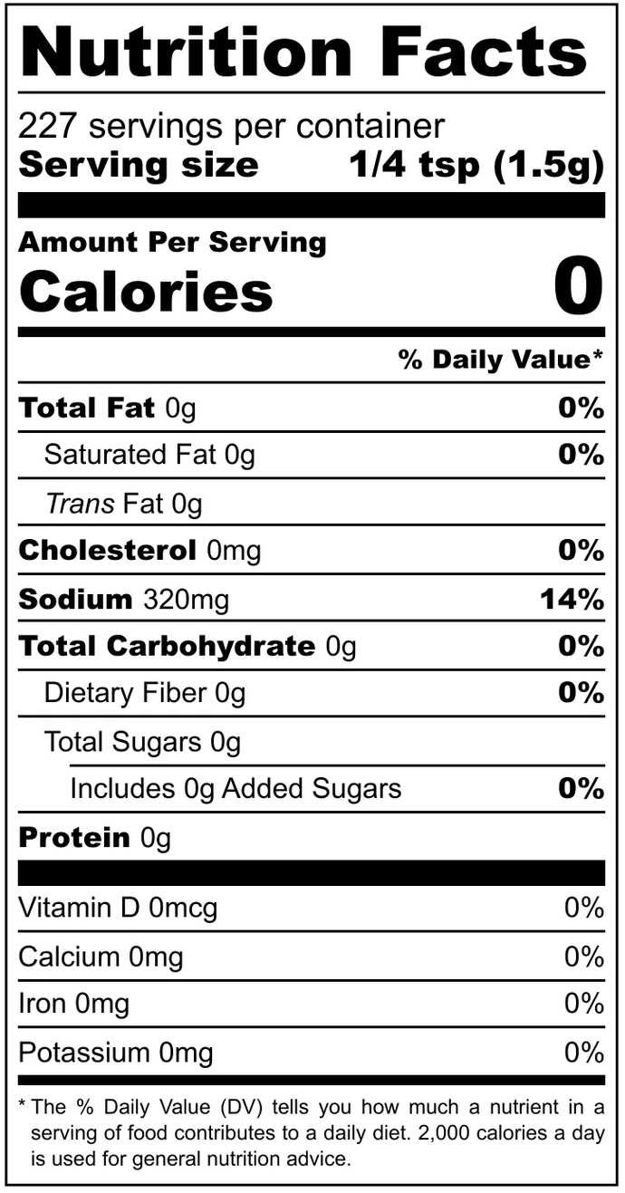 Nutrition facts label showing zero calories and 320mg sodium per 1/4 teaspoon serving for grilling spices under $50 collection