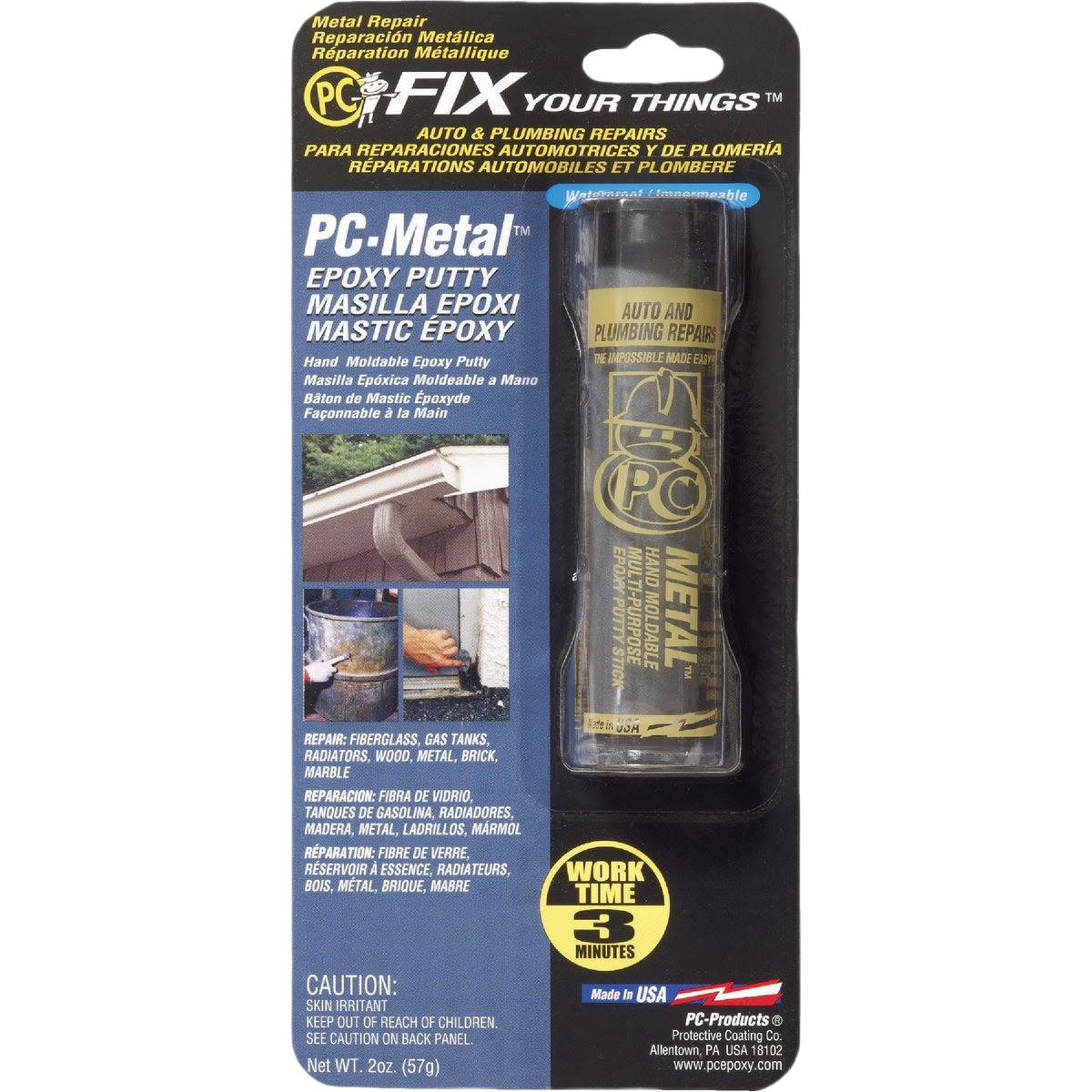Tube of PC-Metal gray epoxy putty for auto and plumbing repairs, hand moldable and waterproof for home improvement tasks