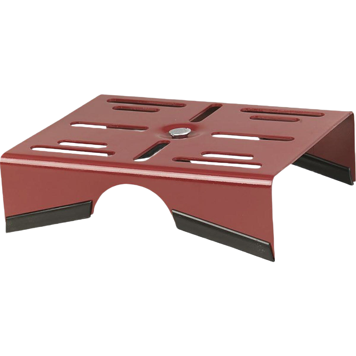 Red steel motor mount with slotted deck and reinforced edges for plumbing and water pump accessories use