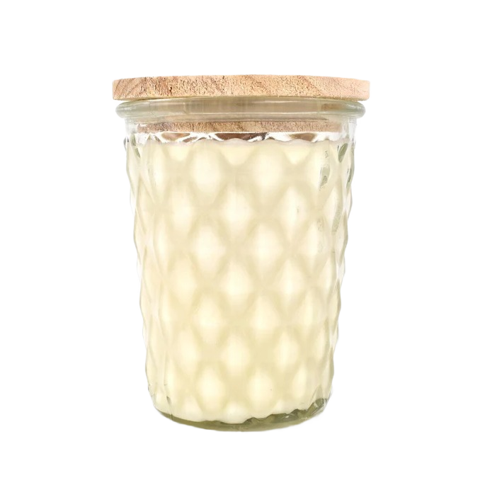 White candle in textured glass jar with wooden lid, designed for home ambiance and decor enhancement