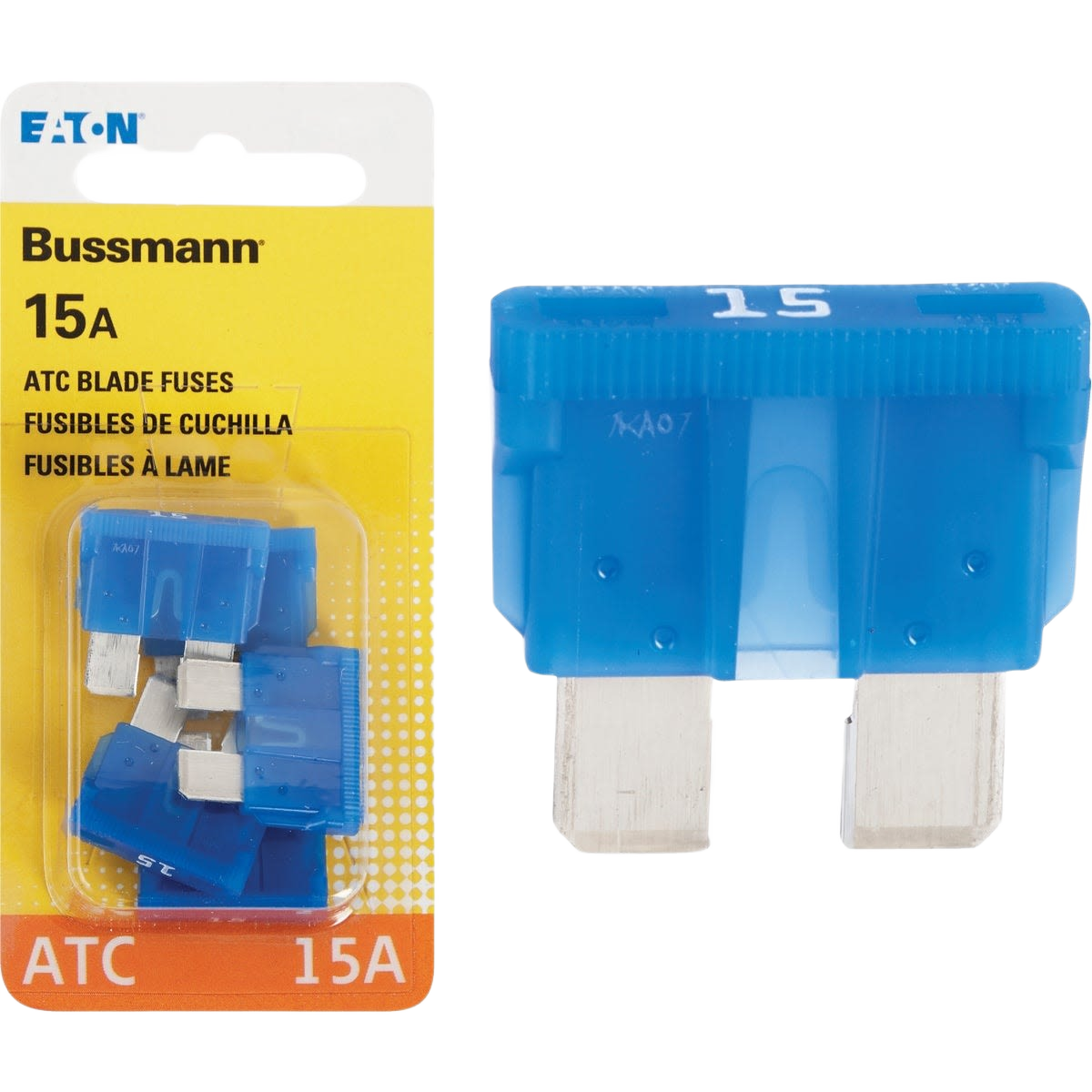 Pack of four blue 15 amp blade-type automotive fuses for use in tools and home improvement projects