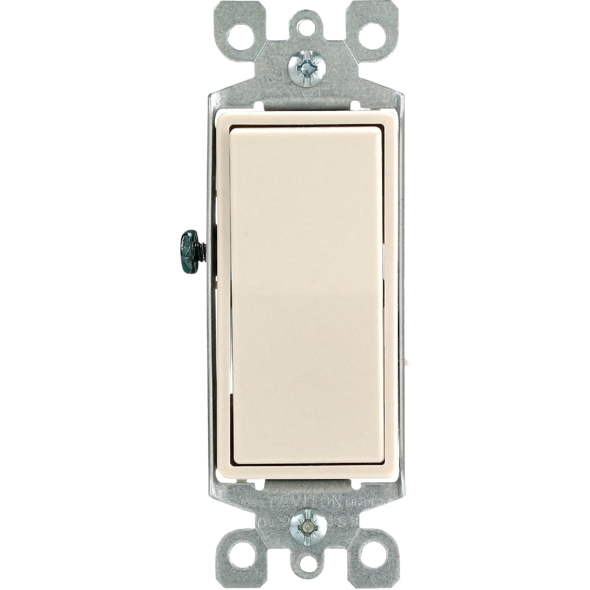 Light almond 15 amp rocker switch with grounded metal mounting frame for electrical and home improvement projects