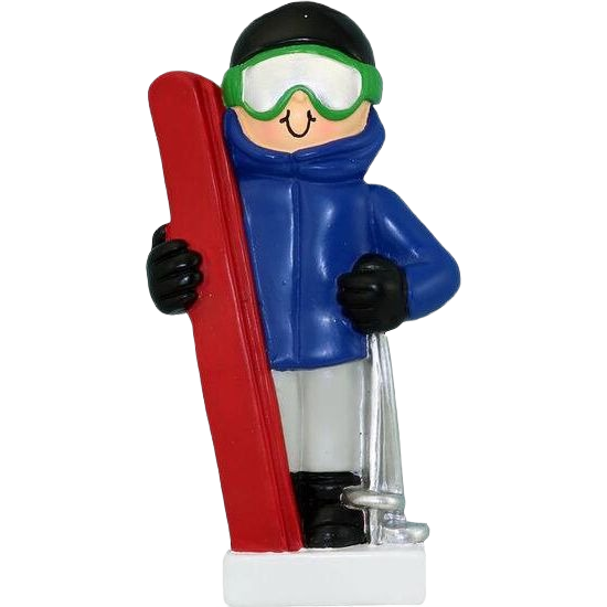 Personalized male skier ornament in blue jacket with green goggles holding red skis for Christmas tree decorations under $50 collection