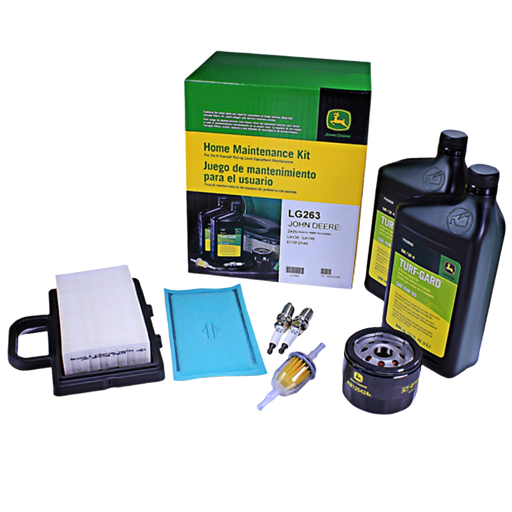 Home maintenance kit including filters, spark plugs, fuel filter, oil filter, and two bottles of turf care oil