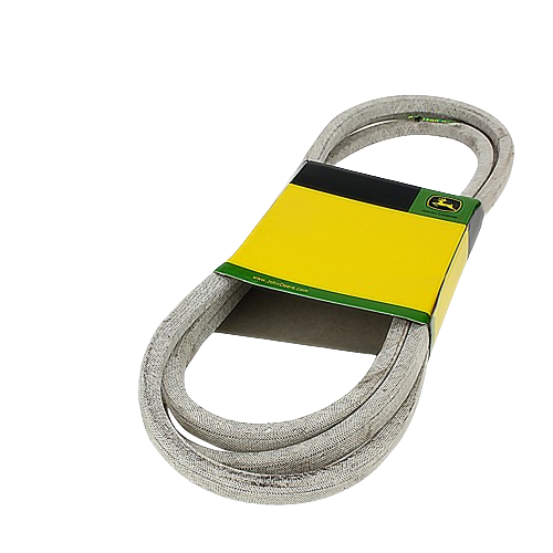 Wrapped mower deck drive belt with fabric-covered surface and green and yellow branded packaging for tools and home improvement