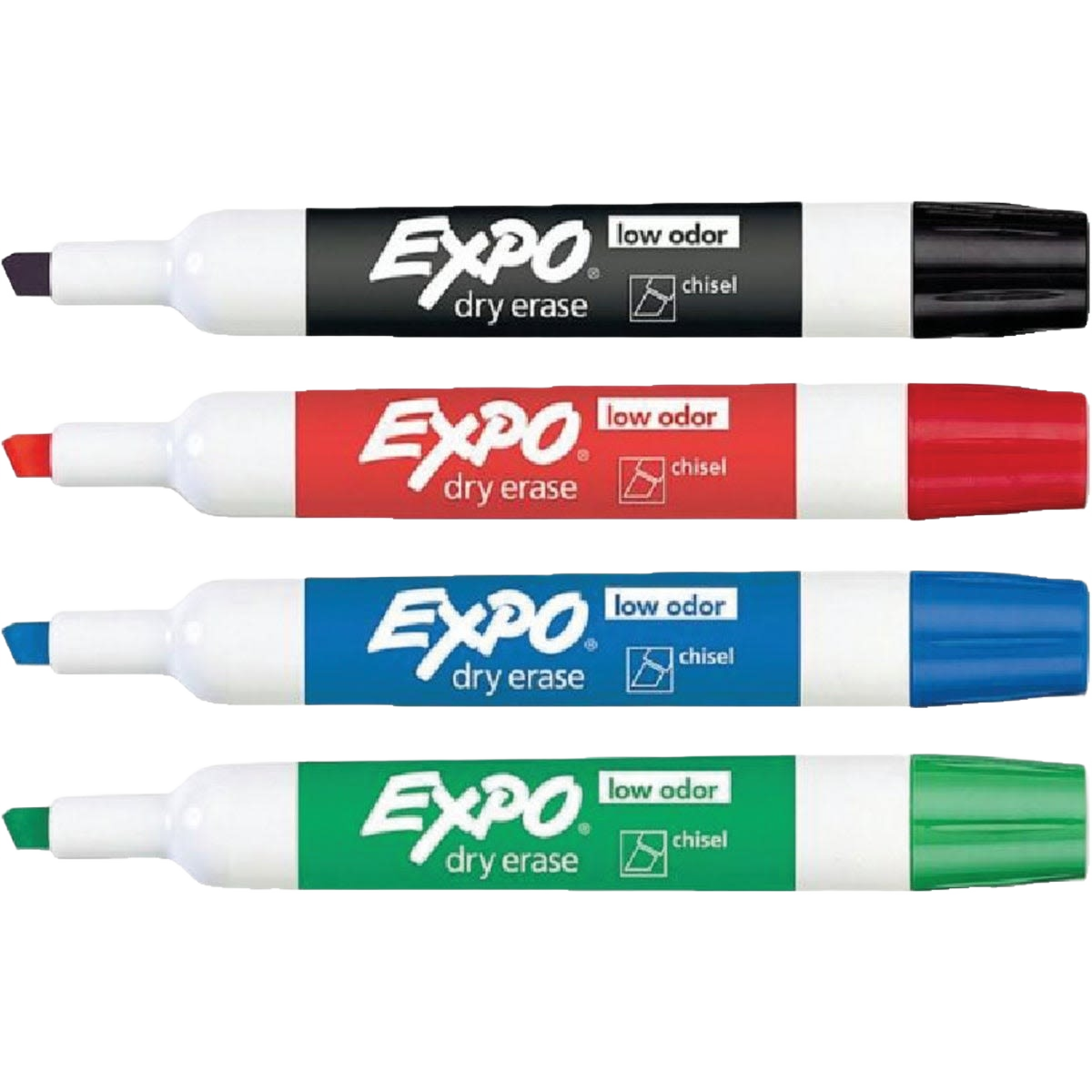 Set of four low odor dry erase markers in black, red, blue, and green for office and school use under $50 collections