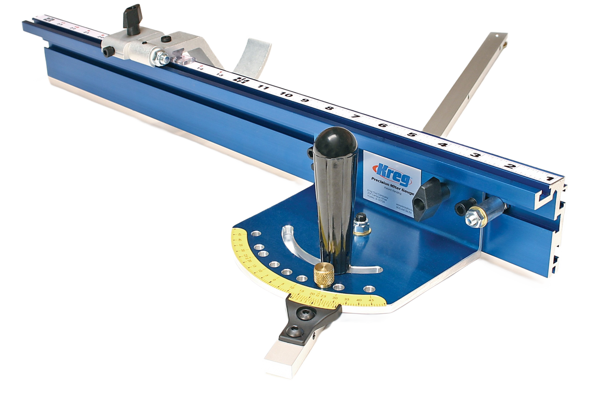 Precision miter gauge system with adjustable stops in blue aluminum for saw accessories and tool accessories collections