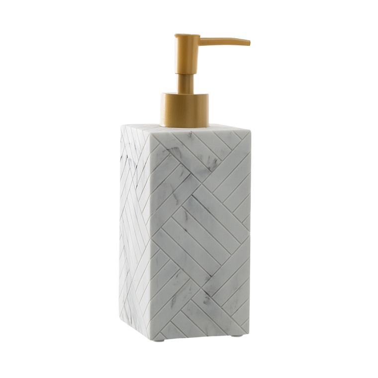 Grey marble resin lotion dispenser with gold pump, designed for stylish bathroom or kitchen use.