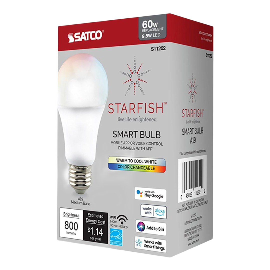 Satco 9.5 Watt A19 LED smart bulb with color change and Wi-Fi for lighting and home improvement projects under $50