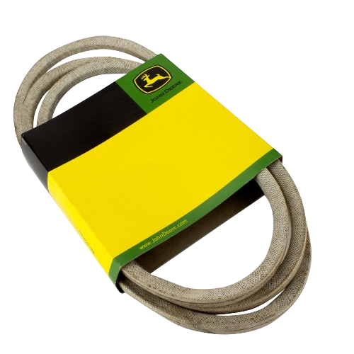Heavy-duty beige V-belt with green and yellow branded packaging for outdoor tools and home improvement use